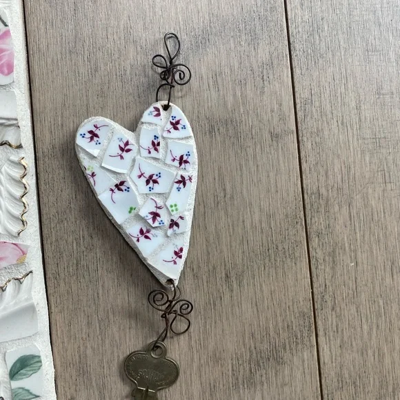 Mirror & 3 Heart Key holders Mosaic China wall art Handmade Victorian Cottage